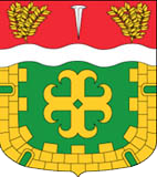 Blason de Boissy-l'Aillerie : croix d'or ancrée sur champ de sinople, bordure crénelée de neuf pièces, chef de gueules chargé d'un clou de la Passion entre deux bouquets de buis