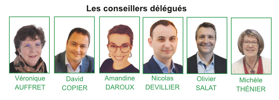 Les six conseillers délégués : Véronique Auffret, David Copier, Amandine Daroux, Nicolas Devillier, Olivier Salat et Michèle Thénier