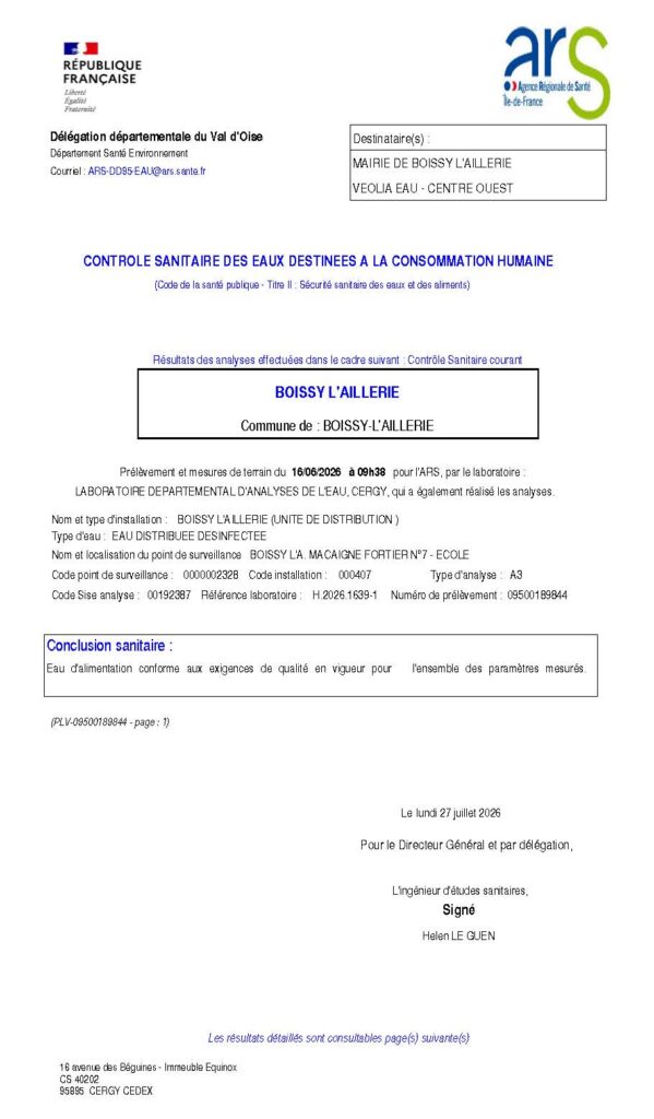 Résultats d'analyses de la qualité de l'eau en Juin 2026